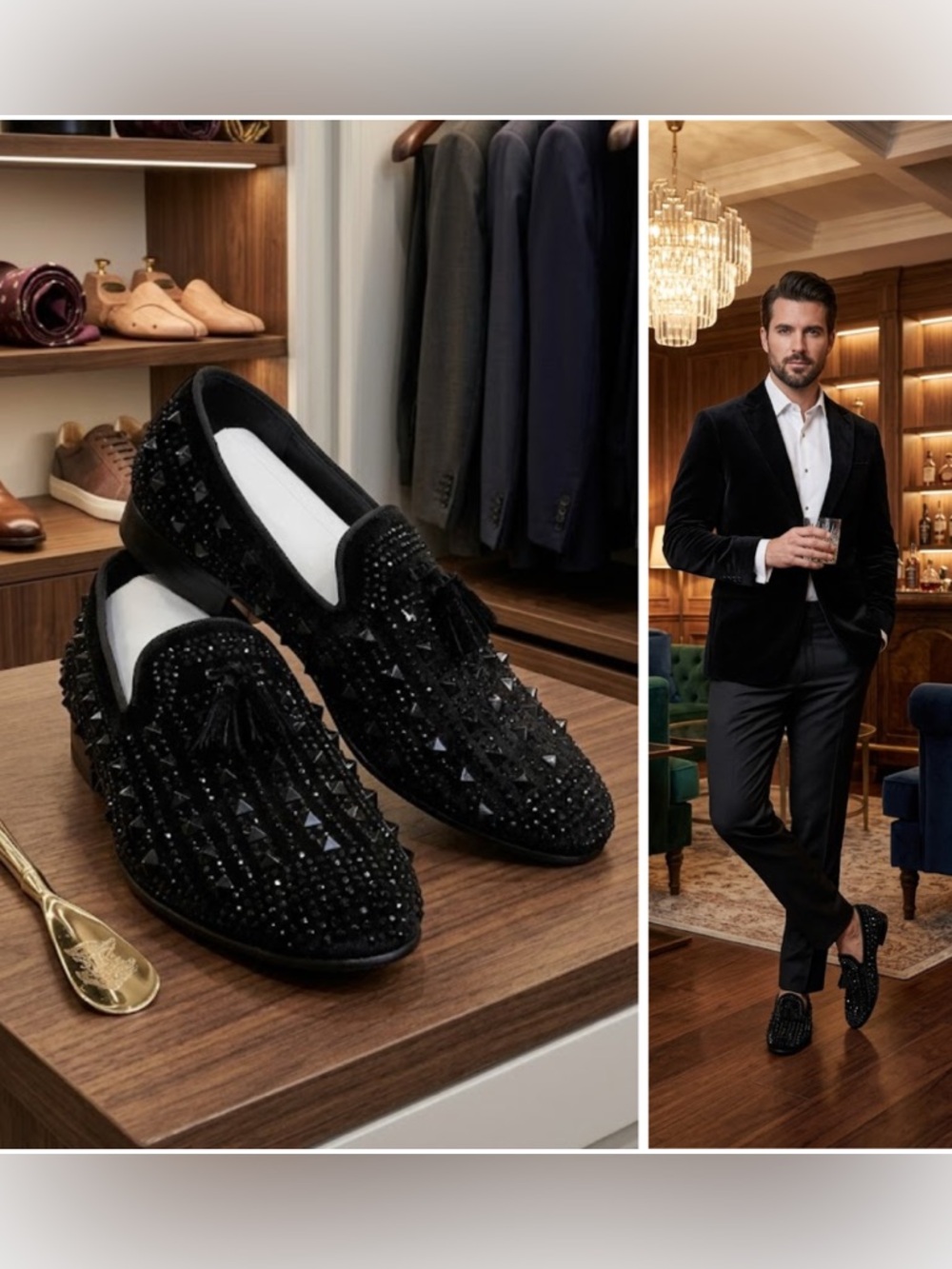 Royal Shoes Black Velour Studded Smoking Slip-on Loafers Men’s Size 8 Casual*